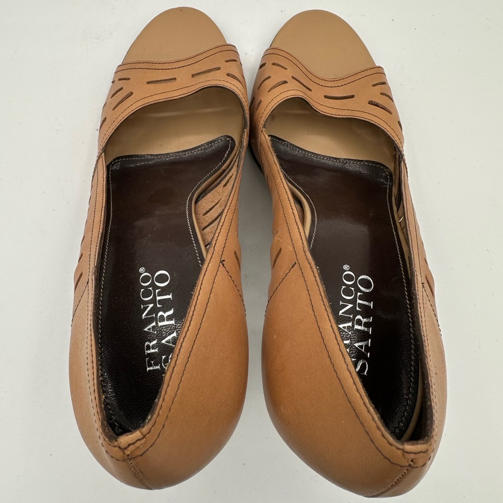 FRANCO SARTO Tan Cutout Leather Peep Toe Heels | Size 10 - Picture 5 of 11